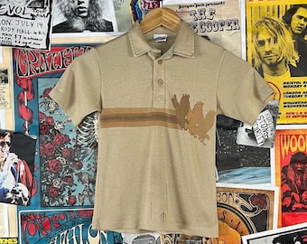 Vintage Boys Kids Retro 70s-80s Beige Distressed Wrangler Eagles Polo Shirt Size 6-7