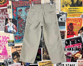 Vintage Kids 90s Khaki Beige Wrangler Cargo Carpenter Jeans Pants USA All Cotton Size 8 Ages 7-8 Boys Girl Workwear Utility Style Streetwear