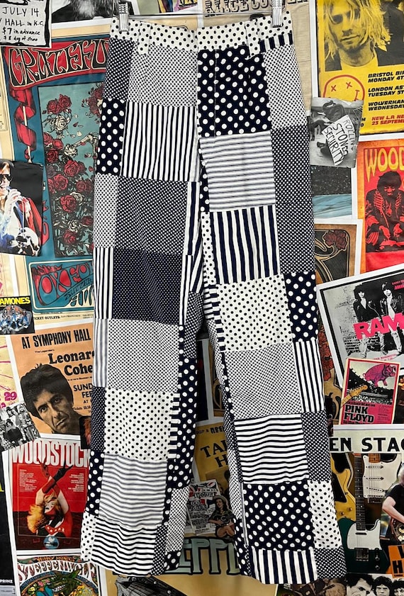 Vintage Women's 60s-70s Blue White Patchwork Stars Stripe Polka
