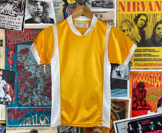 Vintage Kids 80s Yellow & White Short Sleeve Socc… - image 1