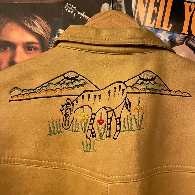 Zebra Jacket Vintage 1970s Vinyl Embroidered Amour Woodstock Embroidered Tiger