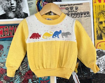 Vintage bébé garçons enfants 80s dinosaures jaunes et blancs pull graphique ras du cou sweat-shirt 24 mois, 80s fille garçon vêtements T-Rex