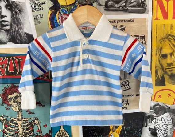 Vintage Baby Boys Kids 80s Blue & White Striped J… - image 1