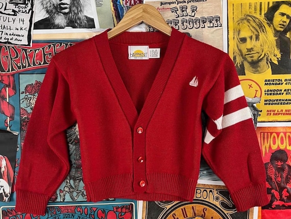 Vintage Kids 80s-90s Red & White Striped Nautical Boat Emblem Happyknit V-Neck Cardigan Sweater Top Size 8 Age 7-8 Boy Retro Preppy Clothing