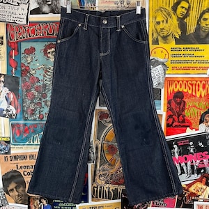 Vintage Kids 70s Indigo Dark Wash Sears Roebuck Co Perma Prest Denim Flares Jeans Size 8 Age 7-8 Husky Retro Boy Girl Groovy Pants Hippie