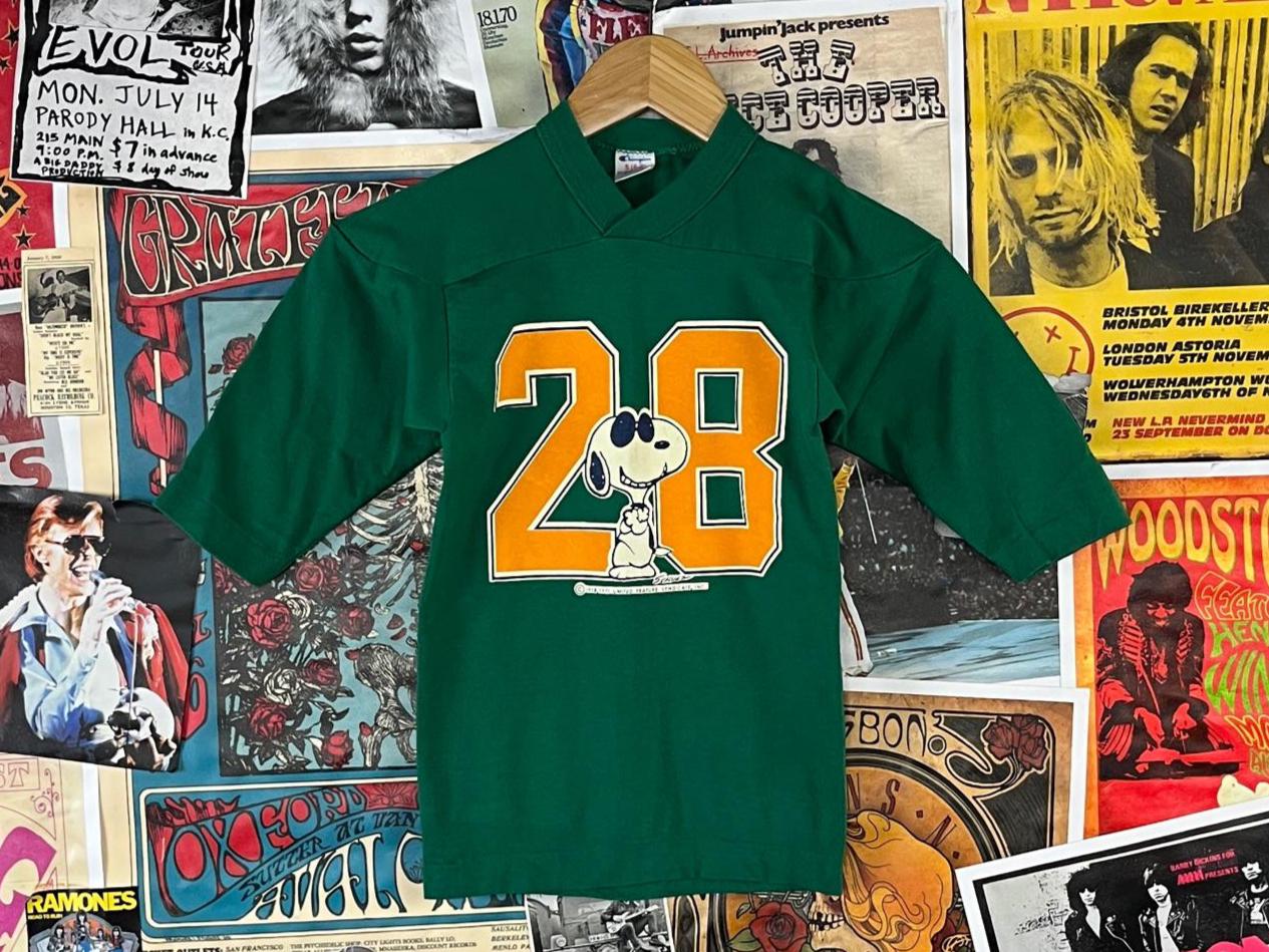 Vintage 80s Kids Green Peanuts Snoopy Champion Raglan Football 