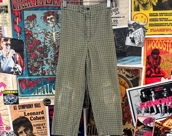 Vintage Kids 1960s-70s Green & Black Houndstooth Plaid Corduroy Trousers Size 6-7 Slim, Retro Mod Boys Girls Pants Patched