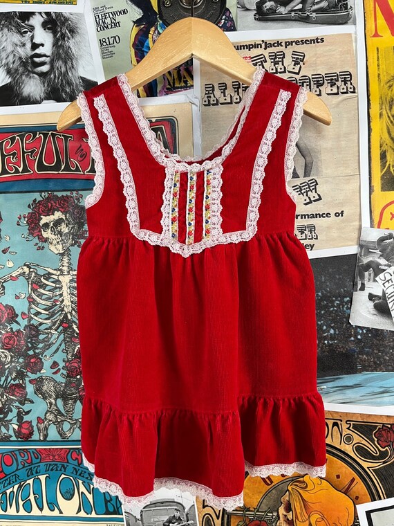 Vintage Toddler Girls Kids 70s Red Velour Corduro… - image 9