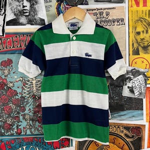 Vintage Kids 80s Blue Green & White Striped Short Sleeve Lacoste Polo Shirt Size 7 Slim, Retro Boys Preppy Nautical Streetwear Clothing