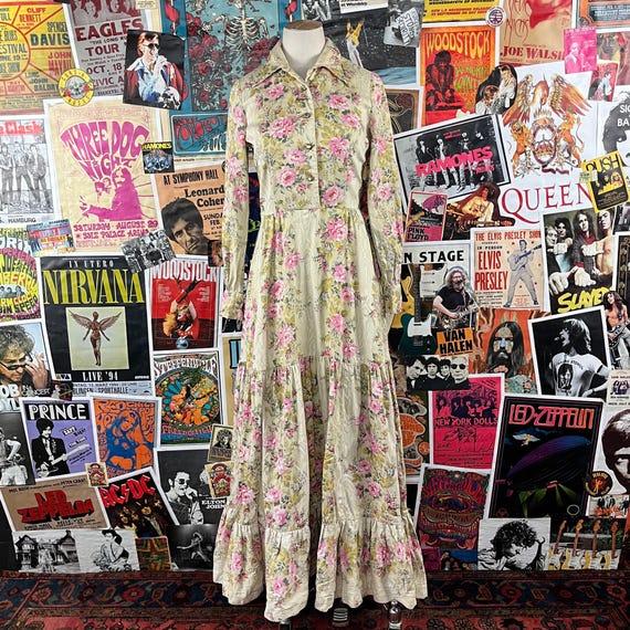 Vintage Women's 60s-70s Cream Pink Floral Chintz Rhinestone Collared  Shirtwaist California Calliope Maxi Gown Dress XS Retro Bloomcore - Etsy