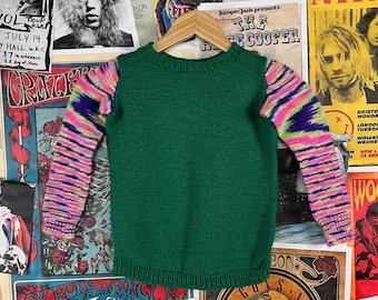 Vintage Mädchen Kinder 80er-90er Jahre Multicolor Grün Neon Gestreift Langarm Handgestrickt Rundhals Pullover Größe 2T-3T Retro Handmade Kleidung
