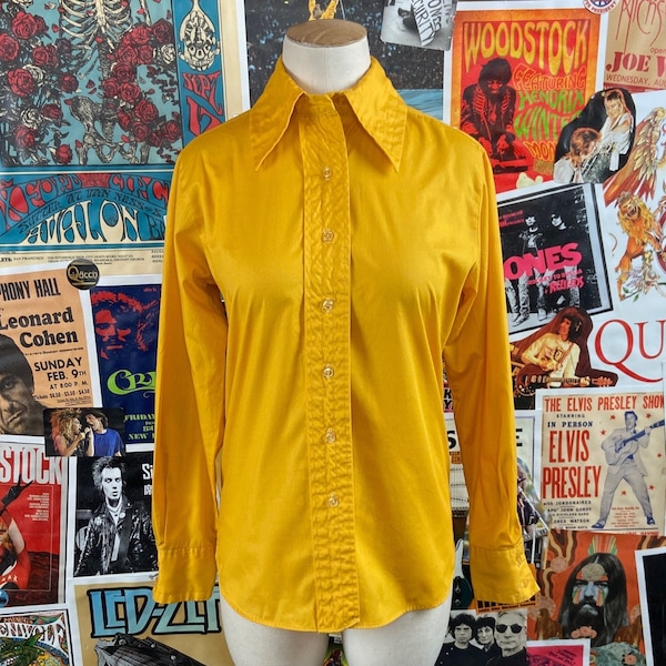 Vintage Junior Girls or Women's Petite PXS 70s Plain Solid Yellow Long Sleeve Glenbrooke Jr. Blouse Shirt, 70s Girl Size 18 Age 12-13
