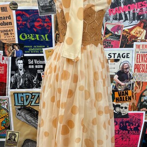 Vintage Women's 50s Nude Tan Polka Dot Print Boatneck Doily Lace Half Sleeve Fit and Flare Dress Size 2, Retro Cocktail Formal Prom Dress image 7