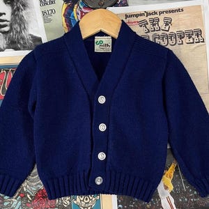 古着 ビンテージ 70s 80s キッズ 厚手 カーディガン ニット セーター Vintage Toddler Kids 70s Navy Blue Acrylic Knit V-neck Cardigan
