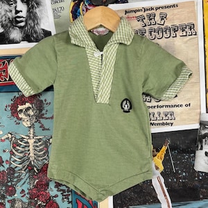 Vintage Baby Boys Kids 50s-60s Green & Cream Argyle Print Loop Collar Springfoot Polo Shirt 9-12 Months Retro Spring Easter Top