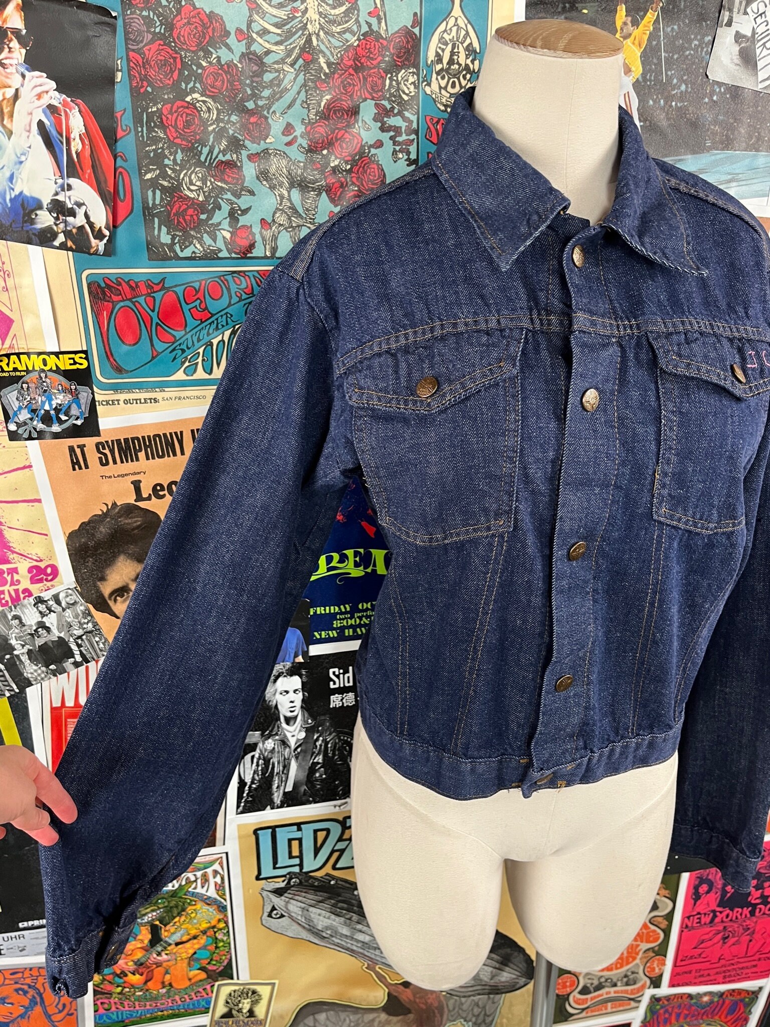 Vintage Girls Kids Youth 70s Dark Wash Two Pocket Embroidered