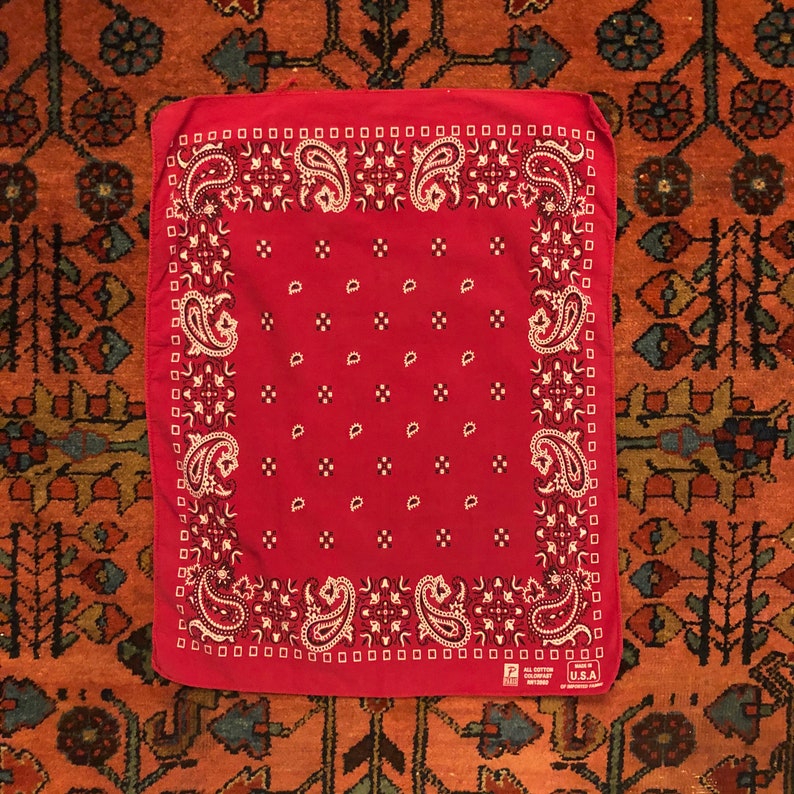 Vintage 197080s Red Paisley Colorfast All Cotton Square Bandana Handkerchief