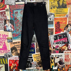 Vintage Women&#39;s 90s Black Tapered High Rise Guess Jeans Stretch Denim Pants 24x29 USA 24&quot; Waist, Cigarette Skinny Jean Y2Ks Side Zip