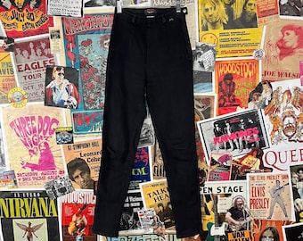 Vintage Women's 90s Black Tapered High Rise Guess Jeans Stretch Denim Pants 24x29 USA 24" Waist, Cigarette Skinny Jean Y2Ks Side Zip