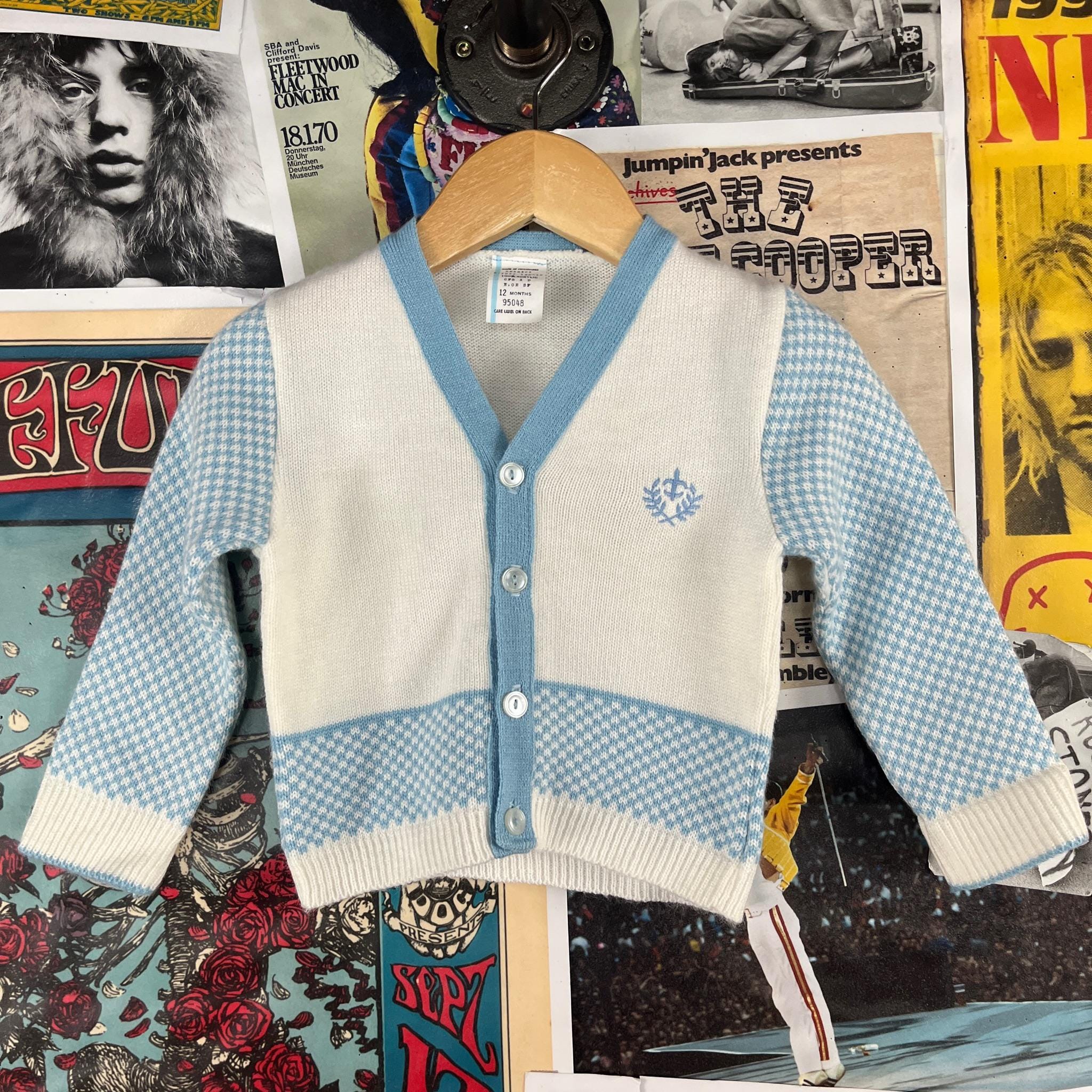 Vintage Baby Boy Girl Kids Retro 70s White Blue Emblem Check Plaid