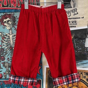 Vintage Baby Kids 70s-80s Plaid Lined Red Corduroy Elastic Waist Pants 12 Months Retro Boy Girl Fall Trouser Rockabilly Clothing