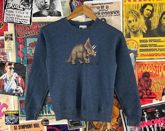 Vintage Kids 90s Blue Painted Triceratops Dinosaur Graphic Pullover Crewneck Sweatshirt Sz 10/12 Ages 8-10 Boy Girl
