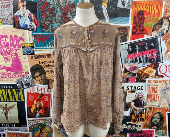 Vintage Women's 1970s Taupe Painted Damask Print … - image 1