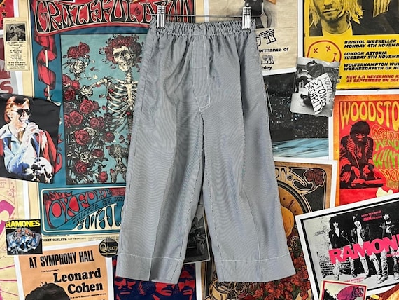 Vintage Toddler Kids Boys 50s-60s Blue White Seersucker Hickory Stripe Print Elastic Waist Straight Wide Leg Pajama Pants 3T Heritage Style