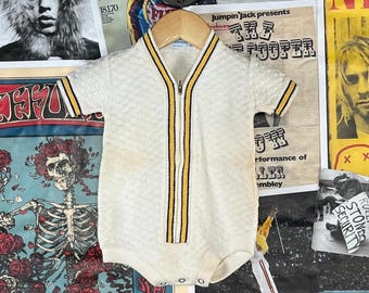 Vintage Baby Boy 70s Cream Yellow Preppy All Cotton Cradlecraft Short Sleeve Romper 3-6 Months Old Money Style