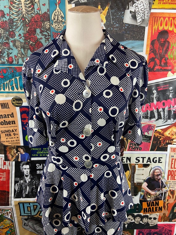 Vintage Women's 60s Blue Polka Dot Plaid Print Sh… - image 4