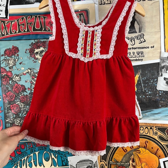 Vintage Toddler Girls Kids 70s Red Velour Corduro… - image 4