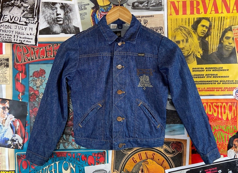 Vintage Kids 70s Redline Wrangler Embroidered Bell Baseball Player Patch Indigo Blue Denim Jean Trucker Jacket Size 10, 70s Boys Girls Coat image 1