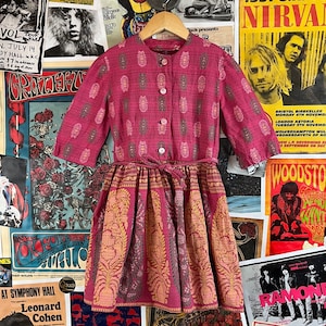 Vintage Girls Pink Yellow Paisley Batik Print Half Sleeve Belted Ethnic Dress Bohemian Boho Indian Sunday Best Party Dress Size 6X-7 Slim
