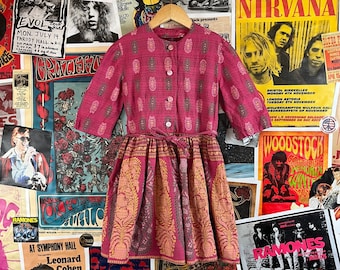 Vintage Girls Pink & Yellow Paisley Batik Print Half Sleeve Belted A-Line Dress, Bohemian Girls Pink Sunday Best Party Dress Size 6X-7 Slim