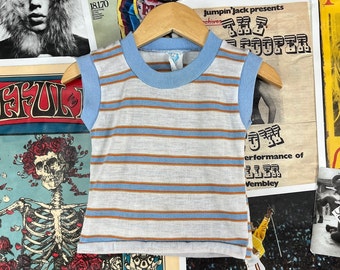 Vintage Baby Kids 80s Light Blue White & Orange Striped Sleeveless Ringer Tank Top Shirt 18-24 Months, Retro Boys Spring Summer Clothing