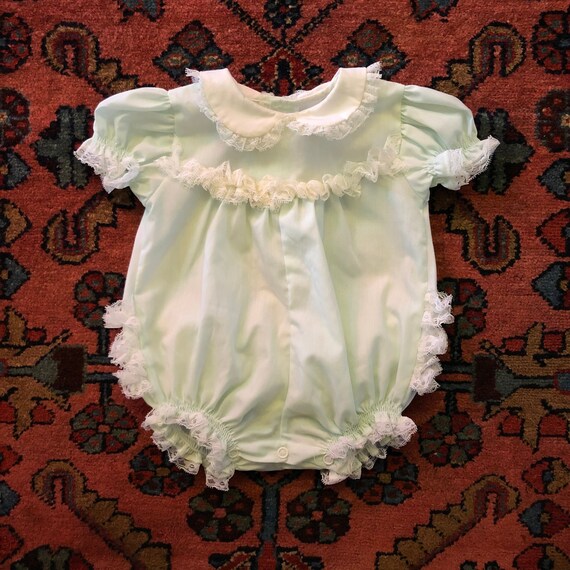 Vintage Baby 1970/80s Mint Green + Lace Onesie Rom