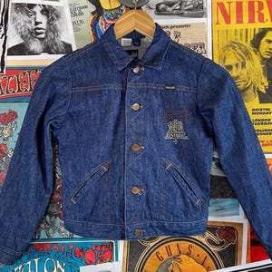 Pode incluir: Uma jaqueta de ganga azul escura com fecho de botões e dois bolsos frontais. A jaqueta tem um design bordado branco nas costas.