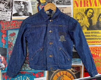 Chaqueta vaquera estilo camionero estilo Wrangler Redline de los años 70, estilo vaquero azul índigo, con parche bordado de béisbol, talla 10, estilo rockabilly, hippie, estilo retro americano.