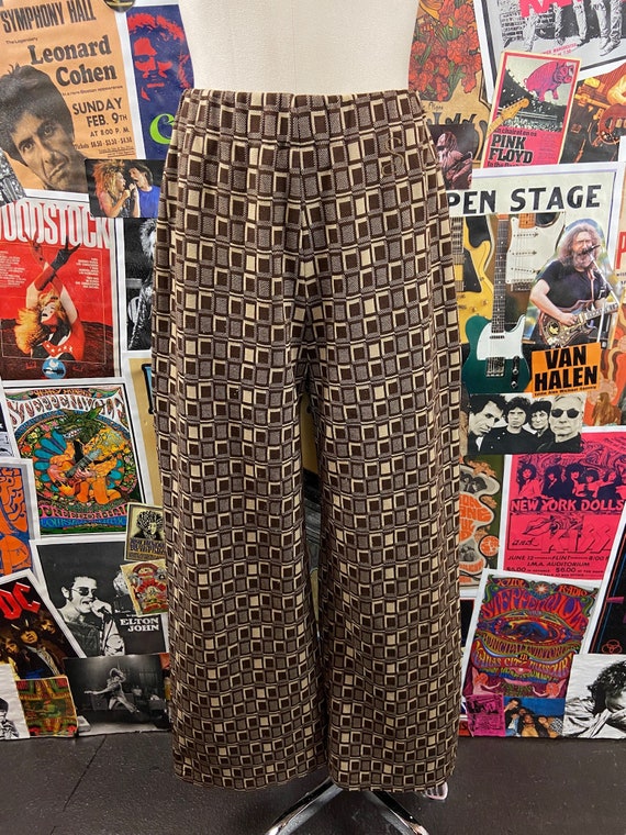 Vintage Womens 60s Brown & Khaki Beige Mod Geometric Print Elastic Waist  High Rise Trousers Pants Size 6, Retro Mod Wide Leg Pants 