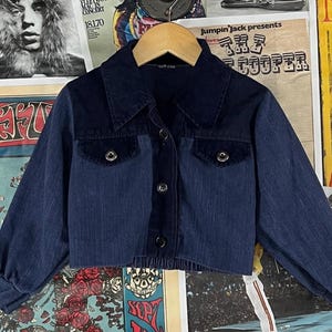 Vintage Toddler Kids Girls Retro 70s Blue Two Tone Denim Velvet Cropped Collared Button Up Shirt Shacked Jacket 4T Hippie Minimalist Mod