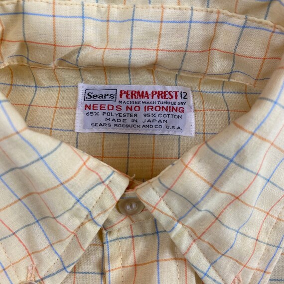 Vintage Kids Boys 60s-70s Yellow Plaid Button Down Collar Sears 