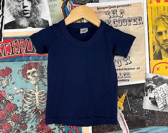 Vintage Baby Kleinkind Kinder 70er-80er Jahre Marineblau Hanes Orange Tag Alle Baumwolle Blank Rundhals T-Shirt 18-24 Monate Retro Jungen Mädchen T-Shirt Top