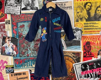 ヴィンテージ ベビー キッズ 1970 年代 刺繍入り デニム 長袖 襟付き ジップアップ ジーンズ ジャンプスーツ 18-24 ヶ月 レトロ ボーイズ グルーヴィー ウェア