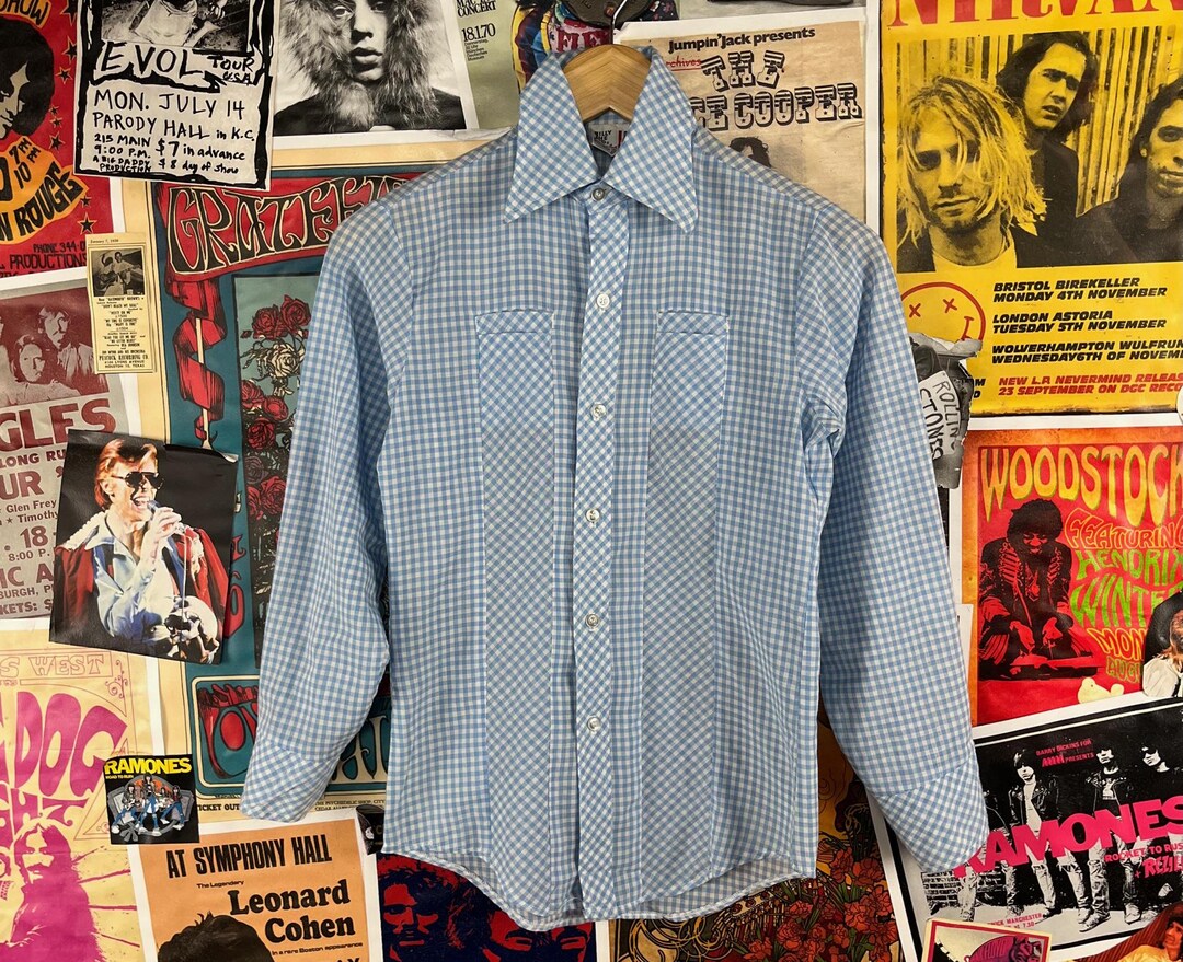 Vintage Boys Kids 70s-80s Blue White Gingham Plaid Billy the