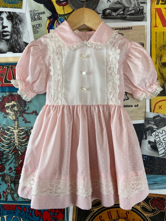 Vintage Toddler Girls Kids 80s Pink & White Lace … - image 8