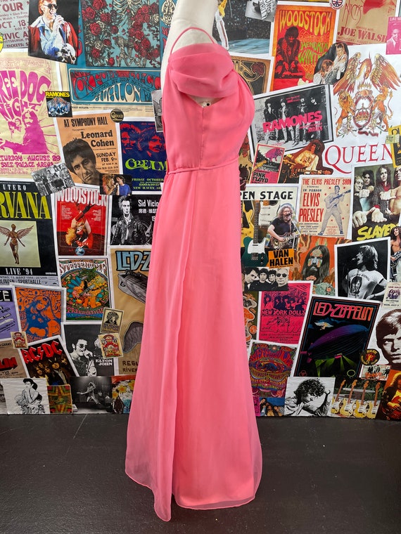 Vintage 70s Pink Chiffon Off the Shoulder House o… - image 3