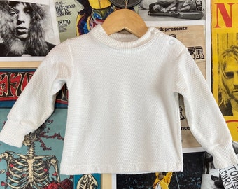 Vintage Baby Kids 60s-70s White Waffle Knit Long Sleeve Mock Neck Carter's Cotton Top Size 18-24 Months, Baby Boy Neutral Basic Shirt