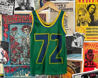 Vintage Kids Boys 70s-80s Green Yellow & Blue #72 Sleeveless Scoop Neck Nylon Jersey Tank Top Size 10 Age 8-9, Retro Boys Athletic Sports