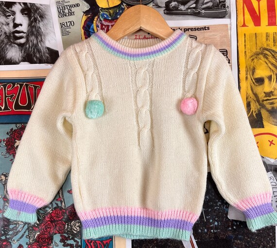 Vintage Toddler Girls Kids 80s Cream Pastel Knit Pom Pom Puffs Pullover Jumper Sweater Size 2T Spring Girls Clothing Size 2 Easter Top