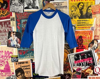 Vintage Kids 80s Blue & White Hanes Baseball Raglan 3/4 Sleeve Crewneck T-shirt Size 14 Age 10-11, Retro Boys Girls Plain Blank Baseball Tee